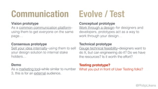 @PhilipLikens
Conceptual prototype
Work through a design–for designers and
developers, prototypes act as a way to
work through your design…
Technical prototype
Gauge technical feasibility–designers want to
do X, but can engineering do it? Do we have
the resources? Is it worth the effort?
Testing prototype?
What you put in front of User Testing folks?
Evolve / Test
Vision prototype
As a common communication platform–
using them to get everyone on the same
page…
Consensus prototype
Sell your idea internally–using them to sell
your design solution to internal stake
holders…
Demo
As a marketing tool–while similar to number
3, this is for an external audience.
Communication
 