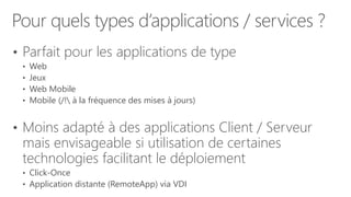 Pour quels types d’applications / services ?
• Parfait pour les applications de type
• Web
• Jeux
• Web Mobile
• Mobile (/! à la fréquence des mises à jours)
• Moins adapté à des applications Client / Serveur
mais envisageable si utilisation de certaines
technologies facilitant le déploiement
• Click-Once
• Application distante (RemoteApp) via VDI
 