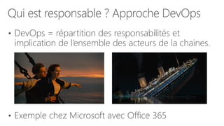 Qui est responsable ? Approche DevOps
• DevOps = répartition des responsabilités et
implication de l’ensemble des acteurs de la chaines.
• Exemple chez Microsoft avec Office 365
 