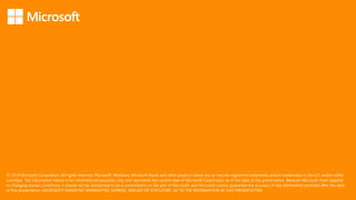 © 2014 Microsoft Corporation. All rights reserved. Microsoft, Windows, Microsoft Azure and other product names are or may be registered trademarks and/or trademarks in the U.S. and/or other
countries. The information herein is for informational purposes only and represents the current view of Microsoft Corporation as of the date of this presentation. Because Microsoft must respond
to changing market conditions, it should not be interpreted to be a commitment on the part of Microsoft, and Microsoft cannot guarantee the accuracy of any information provided after the date
of this presentation. MICROSOFT MAKES NO WARRANTIES, EXPRESS, IMPLIED OR STATUTORY, AS TO THE INFORMATION IN THIS PRESENTATION
 