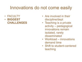 Innovations do not come easily
• FACULTY
• BIGGEST
CHALLENGES
• Are involved in their
discipline/dept
• Teaching is a private
activity – pedagogical
innovations remain
isolated, rarely
disseminated
• Workload – innovations
demand time
• Shift to student-centered
teaching
 