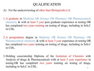 QUALIFICATION
A) For the analysis/testing of other than Biological(c/c1)
1.A graduate in Medicine OR Science OR Pharmacy OR Pharmaceutical
chemistry & with at least 5 year post graduate experience in testing OR
has completed two years training on testing of drugs, including in Sch.C
in CDL.
2.A postgraduate degree in Medicine OR Science OR Pharmacy OR
Pharmaceutical chemistry & with at least 3 year experience in testing OR
has completed two years training on testing of drugs, including in Sch.C
in CDL.
3.Holding associateship Diploma of the Instiution of Chemists with
Analysis of drugs & Pharmaceuticals with at least 3 year experience in
testing.OR has completed two years training on testing of drugs,
including in Sch.C in CDL. 37
 