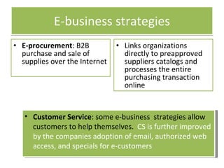 E-business strategies E-procurement : B2B purchase and sale of supplies over the Internet Links organizations directly to preapproved suppliers catalogs and processes the entire purchasing transaction online Customer Service : some e-business  strategies allow customers to help themselves.   CS is further improved by the companies adoption of email, authorized web access, and specials for e-customers 