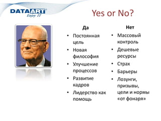 Yes or No?
        Да               Нет
•   Постоянная      • Массовый
    цель              контроль
•   Новая           • Дешевые
    философия         ресурсы
•   Улучшение       • Страх
    процессов       • Барьеры
•   Развитие        • Лозунги,
    кадров            призывы,
•   Лидерство как     цели и нормы
    помощь            «от фонаря»
 