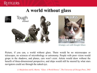 Picture, if you can, a world without glass. There would be no microscopes or
telescopes, no sciences of microbiology or astronomy. People with poor vision would
grope in the shadows, and planes, cars won’t exist. Artists would draw without the
benefit of three-dimensional perspective, and ships would still be steered by what stars
navigators could see through the naked eye.
A. Macfarlane and G. Martin, “Glass: A World History”, The University of Chicago Press, 2002
Grumpy cat with Google Glass
A world without glass
 