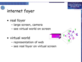 internet foyer real foyer large screen, camera see virtual world on screen virtual world representation of web see real foyer on virtual screen  