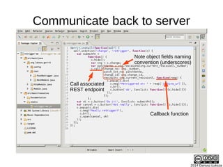 2014 Dariusz Łuksza
Communicate back to server
Callback function
Call associated
REST endpoint
Note object fields naming
convention (underscores)
 