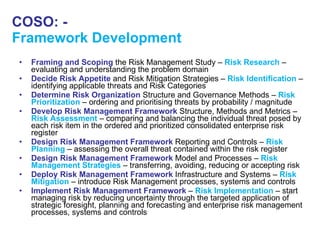 COSO: - Framework Development Framing and Scoping   the Risk Management Study –  Risk Research   –evaluating and understanding the problem domain Decide Risk Appetite   and Risk Mitigation Strategies –  Risk Identification   –identifying applicable threats and Risk Categories Determine Risk Organization   Structure and Governance Methods –  Risk Prioritization   – ordering and prioritising threats by probability / magnitude Develop Risk Management Framework   Structure, Methods and Metrics – Risk Assessment   – comparing and balancing the individual threat posed by each risk item in the ordered and prioritized consolidated enterprise risk register Design Risk Management Framework   Reporting and Controls –  Risk Planning   – assessing the overall threat contained within the risk register  Design Risk Management Framework   Model and Processes –  Risk Management Strategies   – transferring, avoiding, reducing or accepting risk Deploy Risk Management Framework   Infrastructure and Systems –  Risk Mitigation   – introduce Risk Management processes, systems and controls Implement Risk Management Framework  –  Risk Implementation   – start managing risk by reducing uncertainty through the targeted application of strategic foresight, planning and forecasting and enterprise risk management processes, systems and controls 