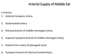 Arterial Supply of Middle Ear
6 arteries:
1. Anterior tympanic artery.
2. Stylomastoid artery.
3. Petrosal branch of middle meningeal artery.
4. Superior tympanic branch of middle meningeal artery.
5. Branch from artery of pterygoid canal.
6. Tympanic branch of Internal Carotid Artery.
 