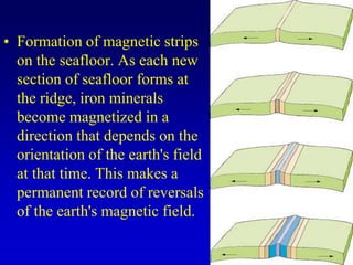 • Formation of magnetic strips
on the seafloor. As each new
section of seafloor forms at
the ridge, iron minerals
become magnetized in a
direction that depends on the
orientation of the earth's field
at that time. This makes a
permanent record of reversals
of the earth's magnetic field.
 