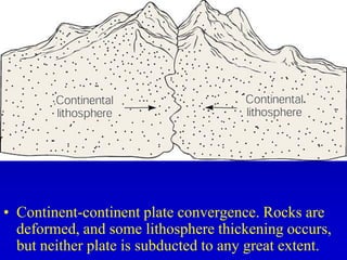 • Continent-continent plate convergence. Rocks are
deformed, and some lithosphere thickening occurs,
but neither plate is subducted to any great extent.
 