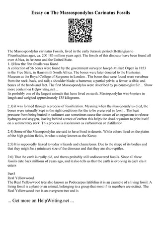 Essay on The Massospondylus Carinatus Fossils
The Massospondylus carinatus Fossils, lived in the early Jurassic period (Hettangian to
Pliensbachian ages, ca. 200 183 million years ago). The fossils of this dinosaur have been found all
over Africa, in Arizona and the United State.
1.1)How the first fossils was found
A collection of 56 bones were found by the government surveyor Joseph Millard Orpen in 1853
in the Free State, in Harrismith South Africa. The bones were later donated to the Hunterian
Museum at the Royal College of Surgeons in London . The bones that were found were vertebrae
from the neck, back, and tail; a shoulder blade; a humerus; a partial pelvis; a femur; a tibia; and
bones of the hands and feet. The first Massospondylus were described by paleontologist Sir ... Show
more content on Helpwriting.net ...
Its probably one of the largest animals that have lived on earth. Massopondylus was 4meters in
length and weighed approximately 135 kilograms.
2.3) it was formed through a process of fossilization. Meaning when the massopondylus died, the
bones were naturally kept in the right conditions for the to be preserved as fossil . The heat
pressure from being buried in sediment can sometimes cause the tissues of an organism to release
hydrogen and oxygen, leaving behind a trace of carbon this helps the dead organism to print itself
on a sedimentary rock. This process is also known as carbonation or distillation
2.4) Some of the Massopondylus are said to have lived in deserts. While others lived on the plains
of the high golden fields, in what s today known as the Karoo
2.5) It is supposedly linked to today s lizards and chameleons. Due to the shape of its bodies and
that they might be a miniature size of the dinosaur and that they are also reptiles.
2.6) That the earth is really old, and theres probably still undiscovered fossils. Since all these
fossils date back millions of years ago, and it also tells us that the earth is evolving in each era it
enters
Part3
Real Yellowwood
The Real Yellowwood tree also known as Podocarpus latifolius it is an example of a living fossil. A
living fossil is a plant or an animal, belonging to a group that most if its members are extinct. The
Real Yellowwood tree is an evergreen tree and is
... Get more on HelpWriting.net ...
 