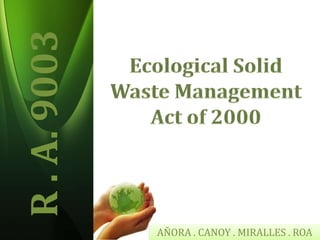 R . A. 9003Ecological Solid Waste Management Act of 2000AŇORA . CANOY . MIRALLES . ROA