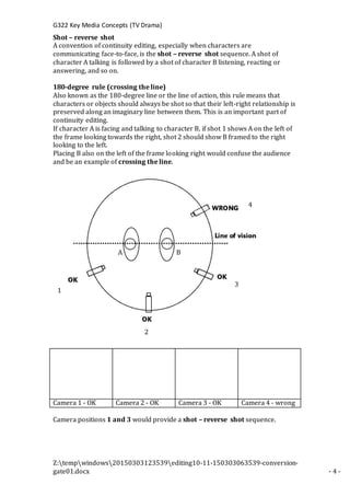 G322 Key Media Concepts (TV Drama)
Z:tempwindows20150303123539editing10-11-150303063539-conversion-
gate01.docx - 4 -
Shot – reverse shot
A convention of continuity editing, especially when characters are
communicating face-to-face, is the shot – reverse shot sequence. A shot of
character A talking is followed by a shot of character B listening, reacting or
answering, and so on.
180-degree rule (crossing the line)
Also known as the 180-degree line or the line of action, this rule means that
characters or objects should always be shot so that their left-right relationship is
preserved along an imaginary line between them. This is an important part of
continuity editing.
If character A is facing and talking to character B, if shot 1 shows A on the left of
the frame looking towards the right, shot 2 should show B framed to the right
looking to the left.
Placing B also on the left of the frame looking right would confuse the audience
and be an example of crossing the line.
Camera 1 - OK Camera 2 - OK Camera 3 - OK Camera 4 - wrong
Camera positions 1 and 3 would provide a shot – reverse shot sequence.
A B
1
2
3
4
 