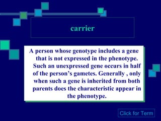 carrier A person whose genotype includes a gene that is not expressed in the phenotype. Such an unexpressed gene occurs in half of the person’s gametes. Generally , only when such a gene is inherited from both parents does the characteristic appear in the phenotype. Click for Term 