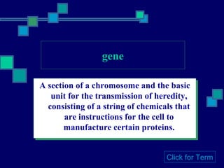 gene A section of a chromosome and the basic unit for the transmission of heredity, consisting of a string of chemicals that are instructions for the cell to manufacture certain proteins. Click for Term 