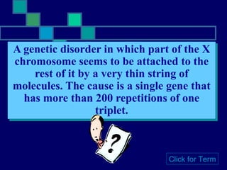 A genetic disorder in which part of the X chromosome seems to be attached to the rest of it by a very thin string of molecules. The cause is a single gene that has more than 200 repetitions of one triplet. Click for Term 