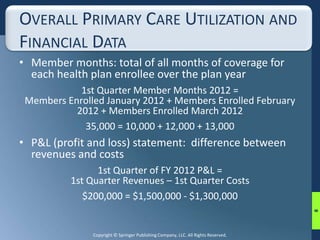 OVERALL PRIMARY CARE UTILIZATION AND 
FINANCIAL DATA 
• Member months: total of all months of coverage for 
each health plan enrollee over the plan year 
1st Quarter Member Months 2012 = 
Members Enrolled January 2012 + Members Enrolled February 
2012 + Members Enrolled March 2012 
35,000 = 10,000 + 12,000 + 13,000 
• P&L (profit and loss) statement: difference between 
revenues and costs 
1st Quarter of FY 2012 P&L = 
1st Quarter Revenues – 1st Quarter Costs 
$200,000 = $1,500,000 - $1,300,000 
Copyright © Springer Publishing Company, LLC. All Rights Reserved. 
8 
 