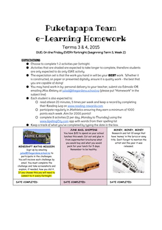 Puketapapa Team
e-Learning Homework
Terms 3 & 4, 2015
DUE: On the Friday EVERY fortnight (beginning Term 3, Week 2)
EXPECTATIONS
● Choose to complete 1-2 activities per fortnight.
● Activities that are shaded are expected to take longer to complete, therefore students
are only expected to do only ONE activity.
● The expectation set is that the work you hand in will be your ​BEST​ work. Whether it
is constructed, on paper or presented digitally, ensure it is quality work - the best that
you are capable of doing!
● You may hand work in by: personal delivery to your teacher, submit via Edmodo OR
emailing Miss Delany at ​juliad@thegardens.school.nz​ (please put “Homework” in the
subject line)
● Each student is also expected to:
○ read atleast 20 minutes, 5 times per week and keep a record by completing
their Reading Log on ​www.reading-rewards.com
○ participate regularly in Mathletics ensuring they earn a minimum of 1000
points each week. Aim for 2000 points!!
○ complete 8 activities (2 per day, Monday to Thursday) using the
www.SpellingCity.com​ app with words from their spelling list
● Keep a track of what you’ve completed by typing the date in the box. 
MINECRAFT MATHS MISSION
Sign Up by emailing
juliad@thegardens.school.nz​ to
participate in the challenges.
You will recieve each challenge by
email. You must complete the
challenge and take screenshots and
explain, if needed, how you did it.
If you choose this you will need to
commit to it every fortnight.
JUNK MAIL SHOPPING
You have $20 to spend on your school
lunches this week. Cut out and glue in
from supermarket brochures what
you would buy and what you would
pack for your lunch for 5 days.
Remember to be healthy.
MONEY, MONEY, MONEY
Research and list 10 songs that
have ‘money’ in the lyrics or song
title. Don’t forget to mention the
artist and the year it was
released.
DATE COMPLETED: DATE COMPLETED: DATE COMPLETED:
 