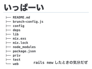 いっぱーい
!"" README.md
!"" brunch-config.js
!"" config
!"" deps
!"" lib
!"" mix.exs
!"" mix.lock
!"" node_modules
!"" package.json
!"" priv
!"" test
#"" web rails new したときの気分だぜ
 