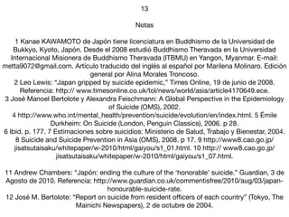 13

Notas

1 Kanae KAWAMOTO de Japón tiene licenciatura en Buddhismo de la Universidad de
Bukkyo, Kyoto, Japón. Desde el 2008 estudió Buddhismo Theravada en la Universidad
Internacional Misionera de Buddhismo Theravada (ITBMU) en Yangon, Myanmar. E-mail:
metta9072@gmail.com. Artículo traducido del inglés al español por Marilena Molinaro. Edición
general por Alina Morales Troncoso.

2 Leo Lewis: “Japan gripped by suicide epidemic,” Times Online, 19 de junio de 2008.
Referencia: http:// www.timesonline.co.uk/tol/news/world/asia/article4170649.ece.

3 José Manoel Bertolote y Alexandra Feischmann: A Global Perspective in the Epidemiology
of Suicide (OMS), 2002.

4 http://www.who.int/mental_health/prevention/suicide/evolution/en/index.html. 5 Émile
Durkheim: On Suicide (London, Penguin Classics), 2006. p 28.

6 Ibid. p. 177. 7 Estimaciones sobre suicidios: Ministerio de Salud, Trabajo y Bienestar, 2004.
8 Suicide and Suicide Prevention in Asia (OMS), 2008. p 17. 9 http://www8.cao.go.jp/
jisatsutaisaku/whitepaper/w-2010/html/gaiyou/s1_01.html. 10 http:// www8.cao.go.jp/
jisatsutaisaku/whitepaper/w-2010/html/gaiyou/s1_07.html.

11 Andrew Chambers: “Japón: ending the culture of the ‘honorable’ suicide.” Guardian, 3 de
Agosto de 2010. Referencia: http://www.guardian.co.uk/commentisfree/2010/aug/03/japan-
honourable-suicide-rate.

12 José M. Bertolote: “Report on suicide from resident oﬃcers of each country” (Tokyo, The
Mainichi Newspapers), 2 de octubre de 2004.
 