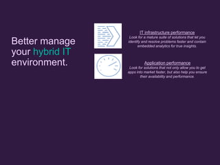 Better manage
your hybrid IT
environment.
IT infrastructure performance
Look for a mature suite of solutions that let you
identify and resolve problems faster and contain
embedded analytics for true insights.
Application performance
Look for solutions that not only allow you to get
apps into market faster, but also help you ensure
their availability and performance.
 