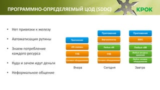 ПРОГРАММНО-ОПРЕДЕЛЯЕМЫЙ ЦОД (SDDC)
• Нет привязки к железу
• Автоматизация рутины
• Знаем потребление
каждого ресурса
• Куда и зачем идут деньги
• Неформальное общение
 