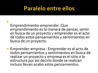 
    Emprendimiento-emprender :Que
    emprendimiento es la manera de pensar, sentir
    en busca de un proyecto y emprender es el acto
    de todos estos pensamientos y sentimientos en
    busca de un proyecto.
   Emprender-empresa : Emprender es el acto de
    todos pensamientos y sentimientos en busca de
    realizar un proyecto y empresa es el sitio o la
    estructura por así decirlo donde se realizan
    incluso llevan acabo estos pensamientos.
 