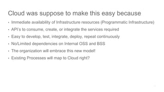 Cloud was suppose to make this easy because
• Immediate availability of Infrastructure resources (Programmatic Infrastructure)
• API’s to consume, create, or integrate the services required
• Easy to develop, test, integrate, deploy, repeat continuously
• No/Limited dependencies on Internal OSS and BSS
• The organization will embrace this new model!
• Existing Processes will map to Cloud right?
 