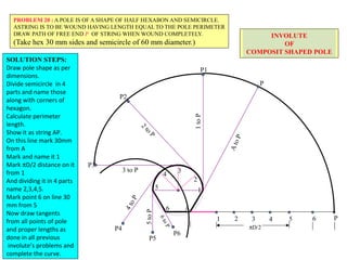 1 
2 
4 3 
5 
6 
1 2 3 4 5 6 
A 
P 
pD/2 
P1 
1 to P 
P2 
2 to P 
P3 
3 to P 
P4 
4 to P 
P 
A to P 
5 to P 
P5 
P6 
6 to P 
INVOLUTE 
OF 
COMPOSIT SHAPED POLE 
PROBLEM 20 : A POLE IS OF A SHAPE OF HALF HEXABON AND SEMICIRCLE. 
ASTRING IS TO BE WOUND HAVING LENGTH EQUAL TO THE POLE PERIMETER 
DRAW PATH OF FREE END P OF STRING WHEN WOUND COMPLETELY. 
(Take hex 30 mm sides and semicircle of 60 mm diameter.) 
SOLUTION STEPS: 
Draw pole shape as per 
dimensions. 
Divide semicircle in 4 
parts and name those 
along with corners of 
hexagon. 
Calculate perimeter 
length. 
Show it as string AP. 
On this line mark 30mm 
from A 
Mark and name it 1 
Mark pD/2 distance on it 
from 1 
And dividing it in 4 parts 
name 2,3,4,5. 
Mark point 6 on line 30 
mm from 5 
Now draw tangents 
from all points of pole 
and proper lengths as 
done in all previous 
involute’s problems and 
complete the curve. 
 