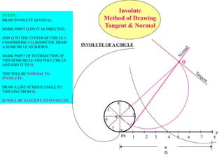 Tangent 
Normal 
Q 
Involute 
Method of Drawing 
Tangent & Normal 
STEPS: 
DRAW INVOLUTE AS USUAL. 
MARK POINT Q ON IT AS DIRECTED. 
JOIN Q TO THE CENTER OF CIRCLE C. 
CONSIDERING CQ DIAMETER, DRAW 
A SEMICIRCLE AS SHOWN. 
MARK POINT OF INTERSECTION OF 
THIS SEMICIRCLE AND POLE CIRCLE 
AND JOIN IT TO Q. 
THIS WILL BE NORMAL TO 
INVOLUTE. 
DRAW A LINE AT RIGHT ANGLE TO 
THIS LINE FROM Q. 
IT WILL BE TANGENT TO INVOLUTE. 
INVOLUTE OF A CIRCLE 
2 
1 
P8 P 
1 2 3 4 5 6 7 8 
3 
4 
5 
6 
7 8 
p 
D 
C 
 