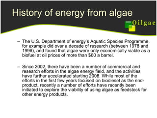 The U.S. Department of energy’s Aquatic Species Programme, for example did over a decade of research (between 1978 and 1996), and found that algae were only economically viable as a biofuel at oil prices of more than $60 a barrel.  Since 2002, there have been a number of commercial and research efforts in the algae energy field, and the activities have further accelerated starting 2008. While most of the efforts in the first few years focused on biodiesel as the end-product, recently a number of efforts have recently been initiated to explore the viability of using algae as feedstock for other energy products. History of energy from algae 