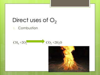 Direct uses of O2
1.   Combustion



CH4 +2O2          CO2 +2H2O
 