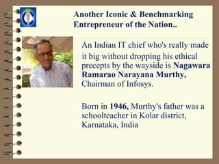 Another Iconic & Benchmarking
Entrepreneur of the Nation..

 An Indian IT chief who's really made
 it big without dropping his ethical
 precepts by the wayside is Nagawara
 Ramarao Narayana Murthy,
 Chairman of Infosys.

 Born in 1946, Murthy's father was a
 schoolteacher in Kolar district,
 Karnataka, India
 