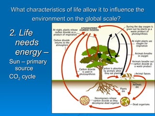 What characteristics of life allow it to influence the environment on the global scale?   2. Life needs energy  – Sun – primary source CO 2  cycle 