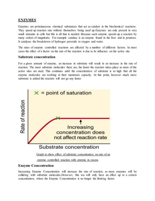 ENZYMES
Enzymes are proteinaceous chemical substances that act as catalyst in the biochemical reactions.
They speed up reaction rate without themselves being used up.Enzymes are only present in very
small amounts in cells but this is all that is needed. Because each enzyme speeds up a reaction by
many orders of magnitude. For example catalase is an enzyme found in the liver and in potatoes.
It catalyses the breakdown of hydrogen peroxide to oxygen and water.
The rates of enzyme controlled reactions are affected by a number of different factors. In most
cases the effect of a factor on the rate of the reaction is due to its influence on the active site.
Substrate concentration
For a given amount of enzyme, an increase in substrate will result in an increase in the rate of
reaction. The more substrate molecules there are, the faster the reaction takes place as more of the
active sites are used. This continues until the concentration of substrate is so high that all the
enzyme molecules are working at their maximum capacity. At this point, however much more
substrate is added the reaction will not go any faster.
Graph to show effect of substrate concentration on rate of an
enzyme controlled reaction with enzyme in excess
Enzyme Concentration
Increasing Enzyme Concentration will increase the rate of reaction, as more enzymes will be
colliding with substrate molecules.However, this too will only have an effect up to a certain
concentration, where the Enzyme Concentration is no longer the limiting factor.
 