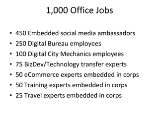 1,000 Office Jobs 450 Embedded social media ambassadors 250 Digital Bureau employees 100 Digital City Mechanics employees 75 BizDev/Technology transfer experts 50 eCommerce experts embedded in corps 50 Training experts embedded in corps 25 Travel experts embedded in corps 