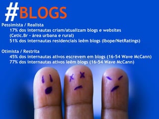 Redes Sociais BLOGS # Pessimista / Realista 17% dos internautas criam/atualizam blogs e websites  (Cetic.Br – área urbana e rural) 51% dos internautas residenciais leêm blogs (Ibope/NetRatings) Otimista / Restrita 45% dos internautas ativos escrevem em blogs (16-54 Wave McCann) 77% dos internautas ativos leêm blogs (16-54 Wave McCann) 