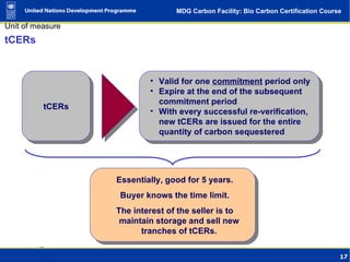 tCERs tCERs Valid for one  commitment  period only Expire at the end of the subsequent commitment period With every successful re-verification, new tCERs are issued for the entire quantity of carbon sequestered Essentially, good for 5 years. Buyer knows the time limit. The interest of the seller is to maintain storage and sell new tranches of tCERs. 