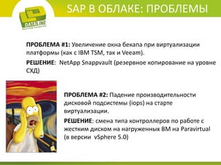 SAP В ОБЛАКЕ: ПРОБЛЕМЫ 
ПРОБЛЕМА #1: Увеличение окна бекапа при виртуализации платформы (как c IBM TSM, так и Veeam). РЕШЕНИЕ: NetApp Snappvault (резервное копирование на уровне СХД) 
ПРОБЛЕМА #2: Падение производительности дисковой подсистемы (iops) на старте виртуализации. 
РЕШЕНИЕ: смена типа контроллеров по работе с жестким диском на нагруженных ВМ на Paravirtual (в версии vSphere 5.0) 
 