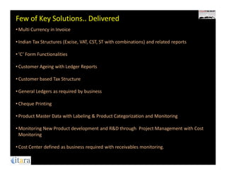 Few of Key Solutions.. Delivered
• Multi Currency in Invoice

• Indian Tax Structures (Excise, VAT, CST, ST with combinations) and related reports

• ‘C’ Form Functionalities

• Customer Ageing with Ledger Reports

• Customer based Tax Structure

• General Ledgers as required by business

• Cheque Printing

• Product Master Data with Labeling & Product Categorization and Monitoring

• Monitoring New Product development and R&D through Project Management with Cost
  Monitoring

• Cost Center defined as business required with receivables monitoring.
 
