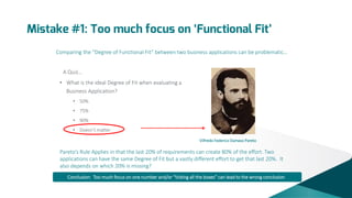 Mistake #1: Too much focus on ‘Functional Fit’
Comparing the “Degree of Functional Fit” between two business applications can be problematic…
A Quiz…
• What is the ideal Degree of Fit when evaluating a
Business Application?
• 50%
• 75%
• 90%
• Doesn’t matter
Vilfredo Federico Damaso Pareto

Pareto’s Rule Applies in that the last 20% of requirements can create 80% of the effort. Two
applications can have the same Degree of Fit but a vastly different effort to get that last 20%. It
also depends on which 20% is missing?
Conclusion: Too much focus on one number and/or “ticking all the boxes” can lead to the wrong conclusion .

 