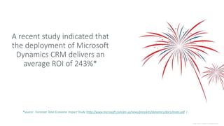 A recent study indicated that
the deployment of Microsoft
Dynamics CRM delivers an
average ROI of 243%*

*Source: Forrester Total Economic Impact Study (http://www.microsoft.com/en-us/news/presskits/dynamics/docs/mstei.pdf )

"Image courtesy of Feelart/ FreeDigitalPhotos.net".

 