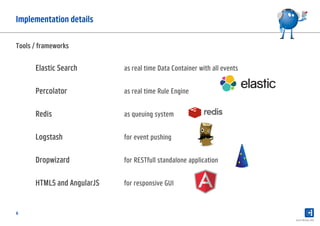 6
Implementation details
ElasticElasticElasticElastic SearchSearchSearchSearch as real time Data Container with all events
PercolatorPercolatorPercolatorPercolator as real time Rule Engine
RedisRedisRedisRedis as queuing system
LogstashLogstashLogstashLogstash for event pushing
DropwizardDropwizardDropwizardDropwizard for RESTfull standalone application
HTML5 and AngularJSHTML5 and AngularJSHTML5 and AngularJSHTML5 and AngularJS for responsive GUI
Search Meetup 2015
Tools / frameworks
 