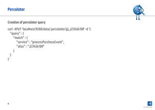 8
Percolator
Search Meetup 2015
curl -XPUT 'localhost:9200/data/.percolator/g1_123456700' -d '{
"query" : {
"match" : {
"service" : "processPurchaseEvent",
"alias" : "123456700"
}
}
}'
Creation of percolator query
 