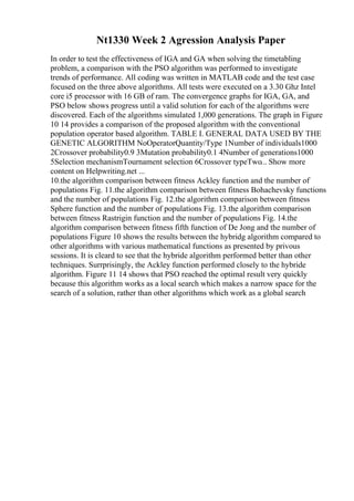 Nt1330 Week 2 Agression Analysis Paper
In order to test the effectiveness of IGA and GA when solving the timetabling
problem, a comparison with the PSO algorithm was performed to investigate
trends of performance. All coding was written in MATLAB code and the test case
focused on the three above algorithms. All tests were executed on a 3.30 Ghz Intel
core i5 processor with 16 GB of ram. The convergence graphs for IGA, GA, and
PSO below shows progress until a valid solution for each of the algorithms were
discovered. Each of the algorithms simulated 1,000 generations. The graph in Figure
10 14 provides a comparison of the proposed algorithm with the conventional
population operator based algorithm. TABLE I. GENERAL DATA USED BY THE
GENETIC ALGORITHM NoOperatorQuantity/Type 1Number of individuals1000
2Crossover probability0.9 3Mutation probability0.1 4Number of generations1000
5Selection mechanismTournament selection 6Crossover typeTwo... Show more
content on Helpwriting.net ...
10.the algorithm comparison between fitness Ackley function and the number of
populations Fig. 11.the algorithm comparison between fitness Bohachevsky functions
and the number of populations Fig. 12.the algorithm comparison between fitness
Sphere function and the number of populations Fig. 13.the algorithm comparison
between fitness Rastrigin function and the number of populations Fig. 14.the
algorithm comparison between fitness fifth function of De Jong and the number of
populations Figure 10 shows the results between the hybridg algorithm compared to
other algorithms with various mathematical functions as presented by privous
sessions. It is cleard to see that the hybride algorithm performed better than other
techniques. Surrprisingly, the Ackley function performed closely to the hybride
algorithm. Figure 11 14 shows that PSO reached the optimal result very quickly
because this algorithm works as a local search which makes a narrow space for the
search of a solution, rather than other algorithms which work as a global search
 