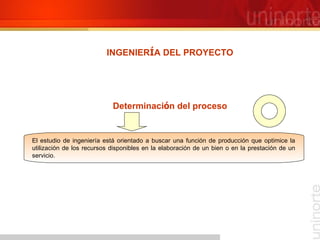 INGENIER Í A DEL PROYECTO Determinaci ó n del proceso El estudio de ingeniería está orientado a buscar una función de producción que optimice la utilización de los recursos disponibles en la elaboración de un bien o en la prestación de un servicio. 