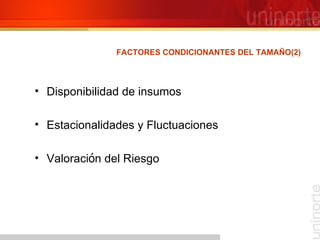 Disponibilidad de insumos Estacionalidades y Fluctuaciones Valoraci ó n del Riesgo FACTORES CONDICIONANTES DEL TAMAÑO(2) 