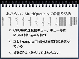 MSI-X割り込み 
• PCI Expressでサポート 
• デバイスあたり2048個のIRQを持てる 
• それぞれのIRQの割り込み先CPUを選べ 
る 
→1つのNICがCPUコア数分のIRQを持 
てる 
13年6月7日金曜日 
 