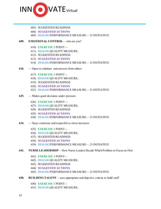 17
603) SUGGESTED READINGS
604) SUGGESTED ACTIONS
605) DIALOG PERFORMANCE MEASURE— 21 INITIATIVE
609. EMOTIONAL CONTROL—who are you?
610) EXERCISE 1 POINT—
611) DIALOG QUALITY MEASURE,
612) SUGGESTED READINGS
613) SUGGESTED ACTIONS
614) DIALOG PERFORMANCE MEASURE— 21 INITIATIVE
616. — Open to solutions and answers from others
617) EXERCISE 1 POINT—
618) DIALOG QUALITY MEASURE,
619) SUGGESTED READINGS
620) SUGGESTED ACTIONS
621) DIALOG PERFORMANCE MEASURE— 21 INITIATIVE
625. — Makes good decisions under pressure
626) EXERCISE 1 POINT—
627) DIALOG QUALITY MEASURE,
628) SUGGESTED READINGS
629) SUGGESTED ACTIONS
630) DIALOG PERFORMANCE MEASURE— 21 INITIATIVE
634. — Stays courteous and respectful as stress increases
635) EXERCISE 1 POINT—
636) DIALOG QUALITY MEASURE,
637) SUGGESTED READINGS
638) SUGGESTED ACTIONS
639) DIALOG PERFORMANCE MEASURE— 21 INITIATIVE
641. NURSE LEADERSHIP—How Nurse LeadersDecide Which Problem to Focus on First
641) EXERCISE 1 POINT—
642) DIALOG QUALITY MEASURE,
643) SUGGESTED READINGS
644) SUGGESTED ACTIONS
645) DIALOG PERFORMANCE MEASURE— 21 INITIATIVE
650. BUILDING TALENT— uses appropriate and objective criteria to build staff
650) EXERCISE 1 POINT—
651) DIALOG QUALITY MEASURE,
 